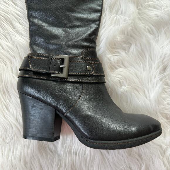 BOC Knee High Boots Leather Buckle Side Zip Block Heeled Tall, Black - Picture 2 of 8